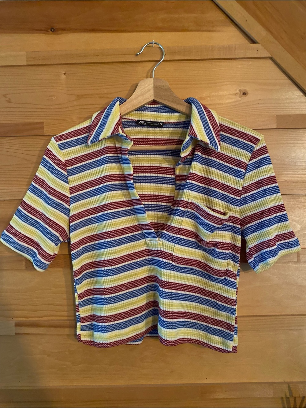 Zara Short-Sleeve Collared Top in Yellow, Blue, Red, and Cream